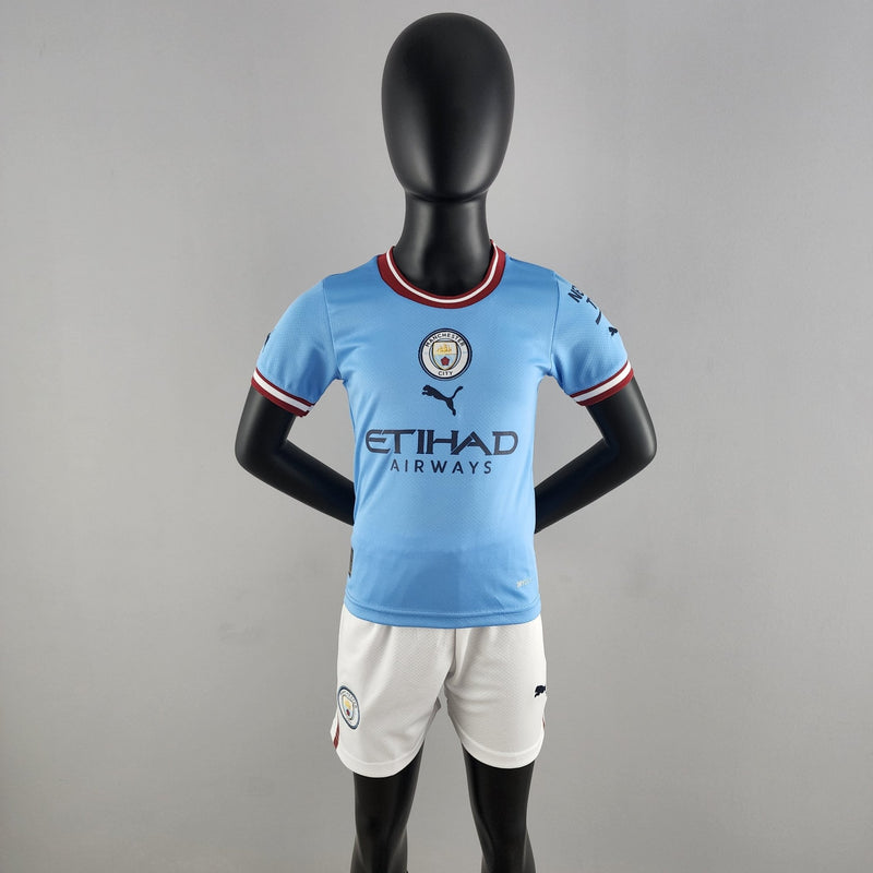 Camisa + short kids do Manchester City 22/23 1º uniforme - Boleragi Store